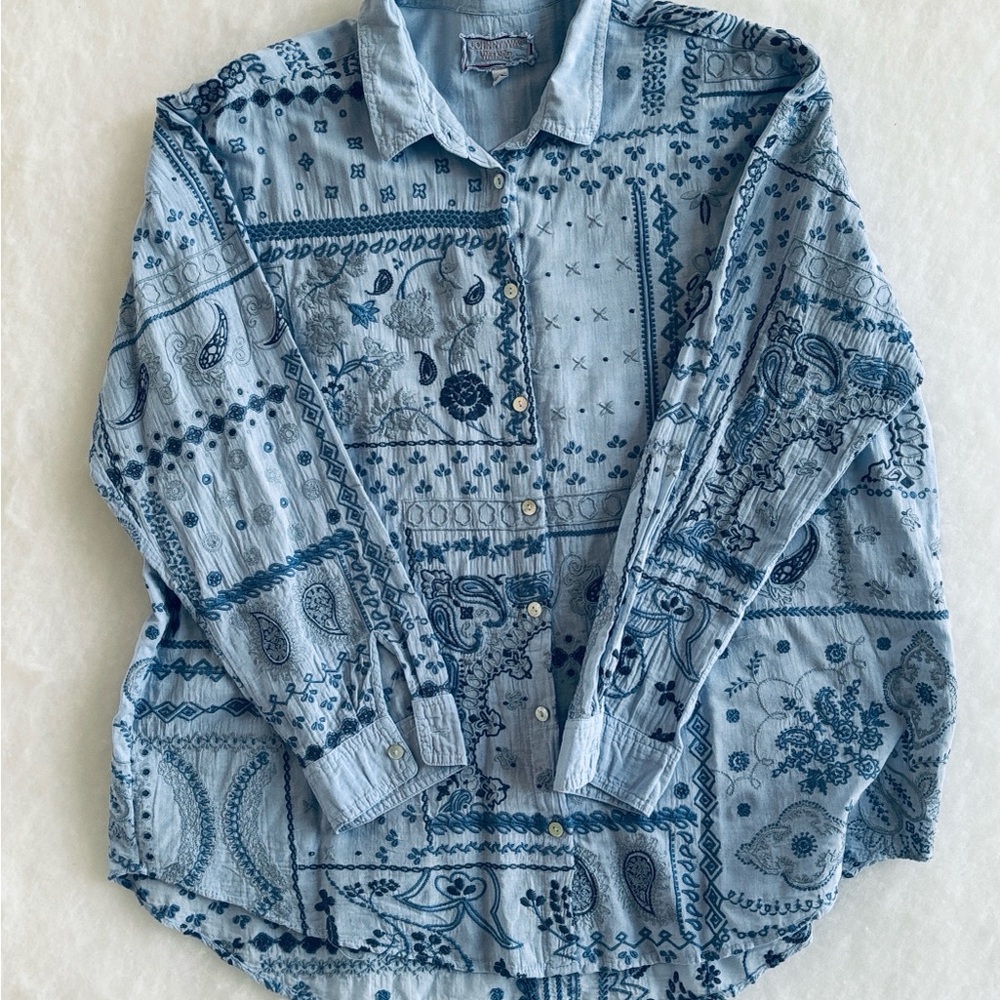Johnny Was Vanya Oversized Embroidered Cotton Button Down Shirt Size Large